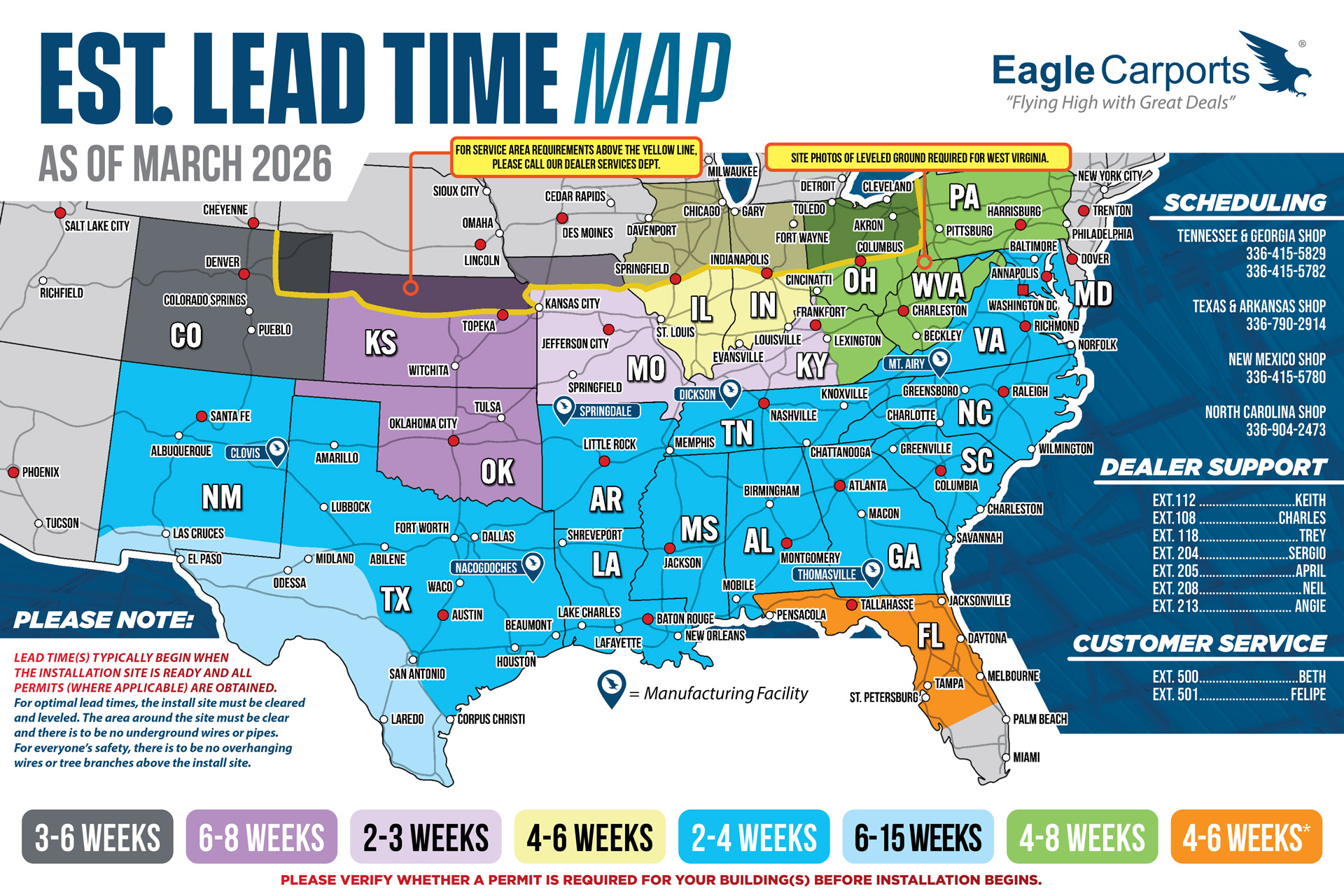 Eagle Carports Official Lead Time Map — March 2026